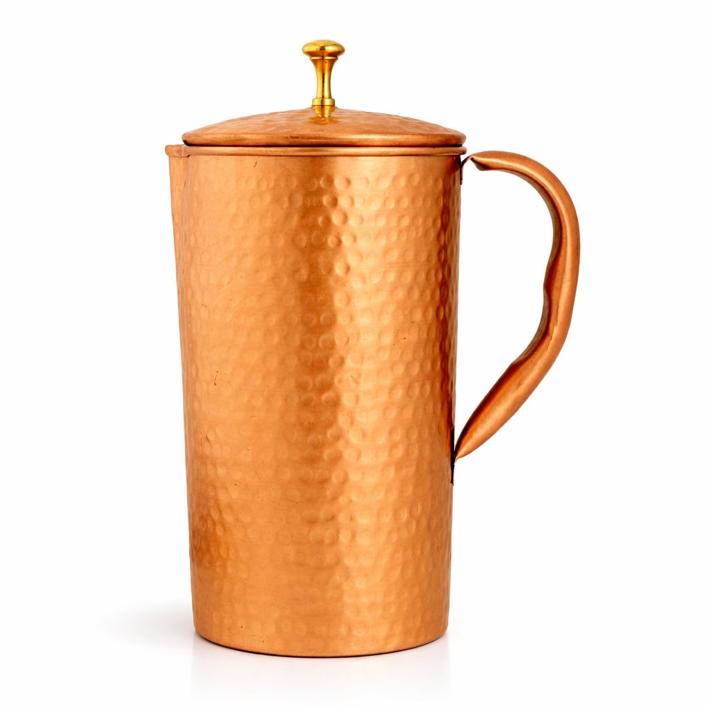 Pure copper matt hammered jug with brass knob on lid, 1500 ML